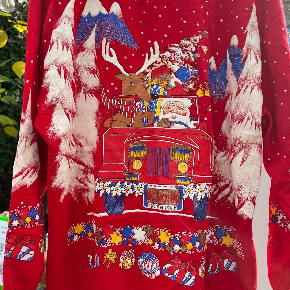 Vintage Ugly Sweater Red Fleece Top Puff Paint Santa Rudolph Glitter Size M